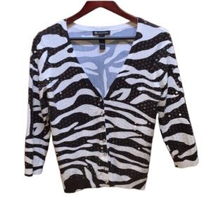 I.N.C. Sequins Cardi Zebra Cropped/ Med. Rhinestone Buttons